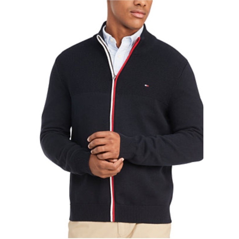 Tommy‎ Hilfiger Men's M Rhodes Navy Blue Piping USA Knit Full Zip Sweater Mock